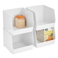 Mdesign Plastic Stackable Xl Food Storage Organizer Container Bin Basket With Open Front For Kitchen Refrigerator, Cabinets, Freezer, Pantry, Fridge, Or Bathrooms - Ligne Collection - 4 Pack - White