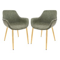 Leisuremod Markley Modern Leather Dining Armchair Kitchen Chairs With Gold Metal Legs Set Of 2 Olive Green