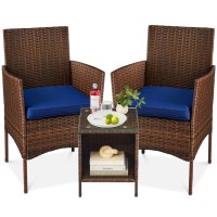Best Choice Products 3-Piece Outdoor Wicker Conversation Bistro Set, Space Saving Patio Furniture For Yard, Garden W/ 2 Chairs, 2 Cushions, Side Storage Table - Brown/Navy