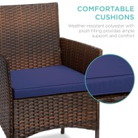 Best Choice Products 3-Piece Outdoor Wicker Conversation Bistro Set, Space Saving Patio Furniture For Yard, Garden W/ 2 Chairs, 2 Cushions, Side Storage Table - Brown/Navy