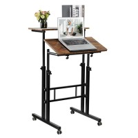 Hadulcet Stand Up Desk, Rolling Laptop Desk, Standing Computer Desk, Portable Rolling Standing Desk, Mobile Adjustable Desk On Wheels, Rolling Desk Podium Stand, Rustic Brown