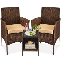 Best Choice Products 3-Piece Outdoor Wicker Conversation Bistro Set, Space Saving Patio Furniture For Yard, Garden W/ 2 Chairs, 2 Cushions, Side Storage Table - Brown/Tan