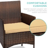 Best Choice Products 3-Piece Outdoor Wicker Conversation Bistro Set, Space Saving Patio Furniture For Yard, Garden W/ 2 Chairs, 2 Cushions, Side Storage Table - Brown/Tan