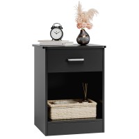 Fotosok Nightstand, 2-Tier Side Table With Drawer And Storage Shelf, Bedside Table End Table, Modern Night Stand For Bedroom, Living Room, Home Office, Black