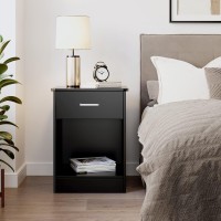 Fotosok Nightstand, 2-Tier Side Table With Drawer And Storage Shelf, Bedside Table End Table, Modern Night Stand For Bedroom, Living Room, Home Office, Black