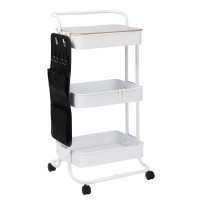 Dtk 3 Tier Metal Utility Rolling Cart With Table Top And Side Bags, Metal Tray Storage Organizer Cart With Wheels, Art Craft Cart With 4 Hooks For Kitchen Bathroom Office Living Room (White)
