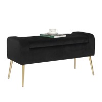 Adeco 396 Inch Modern Velvet Ottoman,Upholstered End Of Bed, Tufted Button Entryway Golden Metal Legs For Bedroom Living Room Storage Benches, Black