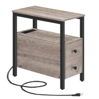 Hoobro Set Of 2 End Tables With Charging Station, Narrow Side Table With Drawers & Usb Ports & Power Outlets, Nightstand For Small Spaces, Living Room, Stable, Greige And Black Bg541Bzp201