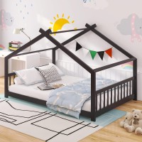 Lxbb Kids House Bed Wood With Roof,Full Size Playhouse Low Platform Headboard & Footboard For Boys Girls Teens,Wooden Slats Support,Can Be Decorated (Espresso)