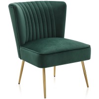 Belleze Modern Velvet Accent Chair, Armless Slipper Chair With Gold Legs Channel Tufting, Elegant Vintage Comfy Corner Chair For Living Room, Bedroom, Office - Ethia (Green)