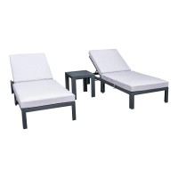 Leisuremod Chelsea Modern Aluminum Outdoor Chaise Lounge Chair Set Of 2 With Side Table & Cushions (Light Grey)