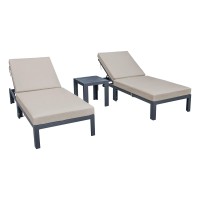 Leisuremod Chelsea Modern Aluminum Outdoor Chaise Lounge Chair Set Of 2 With Side Table & Cushions (Beige)
