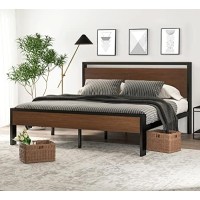 Sha Cerlin 14 Inch King Size Metal Platform Bed Frame With Wooden Headboard And Footboard, Mattress Foundation, No Box Spring Needed, Large Under Bed Storage, Non-Slip Without Noise, Walnut