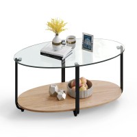 Powerstone Oval Coffee Table With 2-Tier Storage Shelf Glass Top Tea Table Living Room Table Home Dacor Center Table, Metal Legs, Wooden Shelf