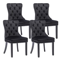Kcc Velvet Dining Chairs Set Of 4, Upholstered High-End Tufted Dining Room Chair With Nailhead Back Ring Pull Trim Solid Wood Legs, Nikki Collection Modern Style For Kitchen, Black