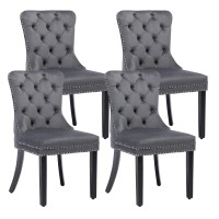 Kcc Velvet Dining Chairs Set Of 4, Upholstered High-End Tufted Dining Room Chair With Nailhead Back Ring Pull Trim Solid Wood Legs, Nikki Collection Modern Style For Kitchen, Grey