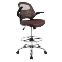 Hylone Drafting Chair, Tall Office Chair For Standing Desk, Brown Mesh Drafting Desk Chair With Flip-Up Arms, Adjustable Height And Foot Ring