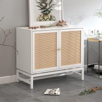 Ssline Modern White Coffee Bar Cabinet Farmhouse Living Room Storage Cabinet With Natural Rattan Doors&Golden Handle Stylish Wood Buffet Sideboard Console Tables For Dining Room Kitchen Accent