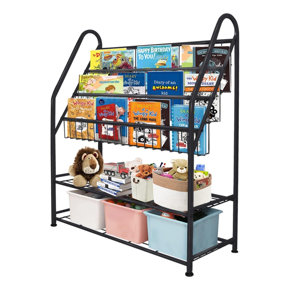 Aboxoo Metal Kids Black Bookshelf Largefreestanding For Children Room 32 In Toy Organizer Large Stable Bookcase Bookstore Library Book Unit Storage Kids Bed Living Room