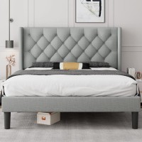 Ipormis Full Size Bed Frame With Upholstered Headboard, Wingback Platform Bed Frame With Diamond Button Tufted, 8 Under-Bed Space, Sturdy Wooden Slats, Noise-Free, No Box Spring Needed, Light Gray