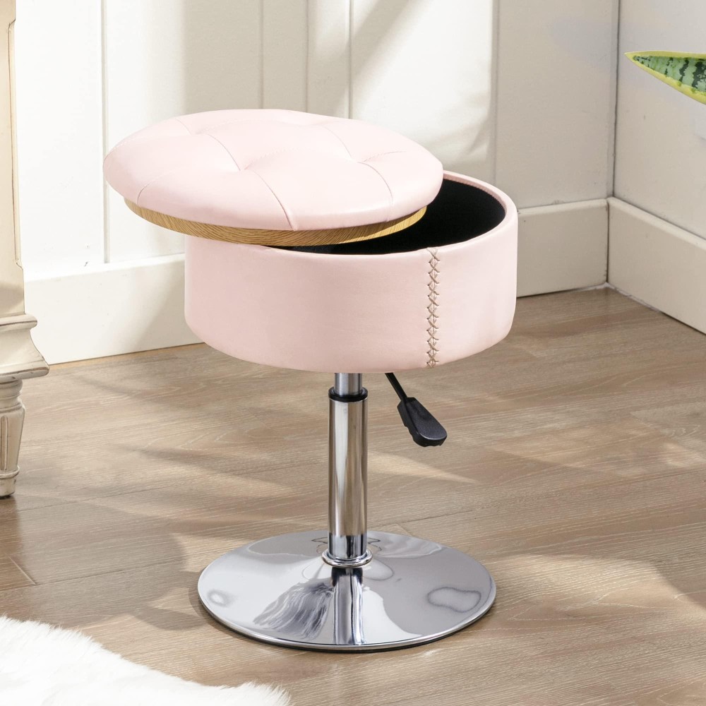 Lue Bona 360?Swivel Vanity Stool Chair For Makeup Room, Height Adjustable Stool For Vanity With Storage, Small Pink Faux Leather Vanity Stool For Bathroom, Living Room