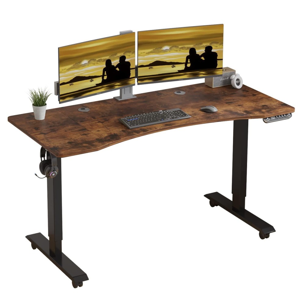 Jceet Mobile Rolling Electric Standing Desk Height Adjustable, 55 X 30 Inches Sit To Stand Desk With Splice Board, Black Frame/Rustic Brown Top