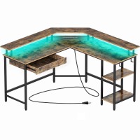 Rolanstar Computer Desk With Drawer,55 Reversible L Shaped Computer Corner Gaming Desk With Led Strip & Power Outlets And Monitor Stand,Home Office Desk With Usb Port&Hook,Rustic Brown