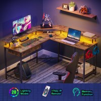 Rolanstar Computer Desk With Drawer,55 Reversible L Shaped Computer Corner Gaming Desk With Led Strip & Power Outlets And Monitor Stand,Home Office Desk With Usb Port&Hook,Rustic Brown