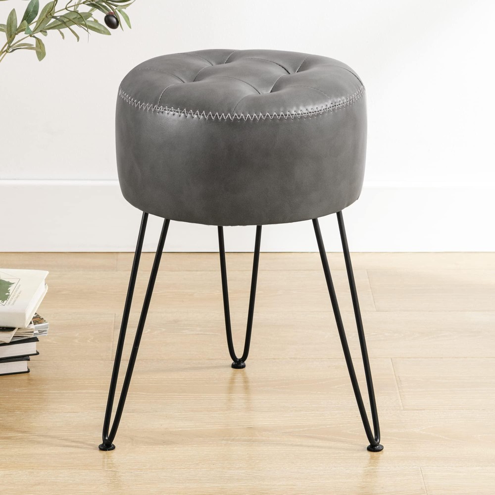 Lue Bona Faux Leather Vanity Stool Chair For Makeup Room, Grey Stool For Vanity, 19? Height, Tufted Small Vanity Chair Stool With Metal Legs, Modern Foot Stool Ottoman For Bedroom, Living Room