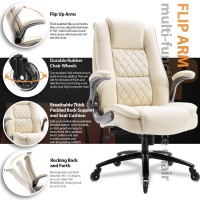 Ezaki High Back Office Chair-Flip-Up Arms Executive Computer Desk Chair, Built-In Lumbar Support Thick Padded Adjustable Rock Tension Ergonomic Design For Back Pain (Beige)