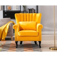 Kmax Yellow Accent Chair Velvet Wingback Chair With Pillow Nail-Head Channel Tufted Club Oversized Chair For Living Room Bedroom Guest Room