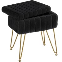 Greenstell Vanity Stool Chair Faux Fur With Storage, 15.7L X 11.8W X 19.4H Soft Ottoman 4 Metal Legs With Anti-Slip Feet, Furry Padded Seat, Modern Multifunctional Chairs For Makeup, Bedroom Black