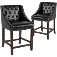 Flash Furniture 2 Pk Carmel Series 24 High Transitional Tufted Walnut Counter Height Stool With Accent Nail Trim In Black Leathersoft