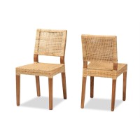 Baxton Studio Lesia Modern Brown Rattan And Brown Wood 2-Piece Dining Chair Set