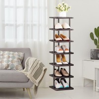 Sorcedas Shoe Rack Organizer 7 Tier Vertical Storage Stand Narrow Shelf For Small Spaces Entryway Corner Closet Door Bedroom Black (Black + Rustic Dark Brown, 7 Tier-Small)