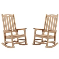 Psilvam Patio Rocking Chairs Set Of 2, Poly Lumber Porch Rocker With High Back, 350Lbs Support Rocking Chairs For Both Outdoor And Indoor, Poly Rocker Chair Looks Like Real Wood (Teak Color)