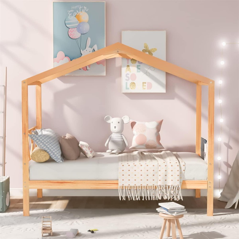 Triple Tree Twin Size House Bed, Wooden House Bed Frame With Roof And X-Shaped Headboard, Twin House Bed With Storage Space For Teens Boys And Girls, No Box Spring Required, Natural