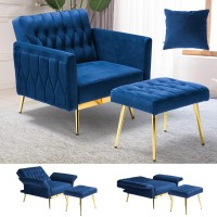 Acmease Velvet Accent Chair With Adjustable Armrests And Backrest, Button Tufted Lounge Chair, Single Recliner Armchair With Ottoman And Pillow For Living Room, Bedroom, Blue