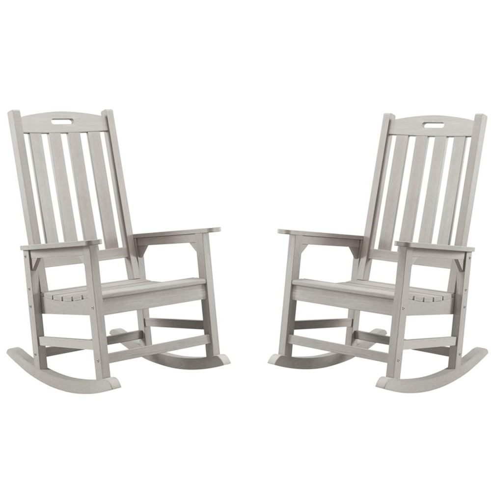 Psilvam Patio Rocking Chairs Set Of 2, Poly Lumber Porch Rocker With High Back, 350Lbs Support Rocking Chairs For Both Outdoor And Indoor, Poly Rocker Chair Looks Like Real Wood (2, Grey)