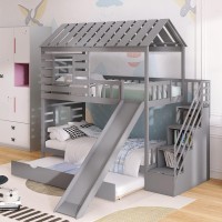 House Bunk Beds For Kids Toddlers, Twin Over Twin Bunk Bed With Trundle/Slide/Storage Staircase, Roof And Window Design, No Box Spring Need (Gray+H01)