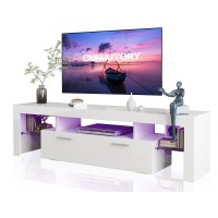 Clikuutory Modern Led 63 Inch Tv Stand With Large Storage Drawer For 40 50 55 60 65 70 75 Inch Tvs, White Wood Tv Console With High Glossy Entertainment Center For Gaming, Living Room, Bedroom