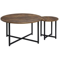 Homcom Round Coffee Table Nesting Set Of 2 With Metal Frame Industrial Side End Table For Living Room Bedroom Rustic Brown