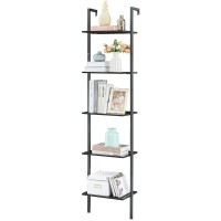 Tajsoon Industrial Bookcase, Ladder Shelf, 5-Tier Wood Wall Mounted Bookshelf With Stable Metal Frame, Open Display Rack, Storage Shelves For Bedroom, Home Office, Collection, Plant Flower, Black