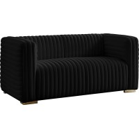 Meridian Furniture Ravish Collection Velvet Upholstered Loveseat With Deep Channel Tufting + Both Gold & Chrome Legs Included, Navy