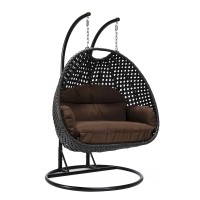Leisuremod Mendoza Charcoal Wicker 2 Person Patio Hanging Double Egg Swing Chair With Stand & Cushions For Indoor Outdoor Patio Garden (Brown)