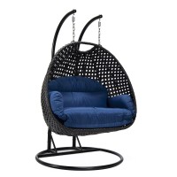 Leisuremod Mendoza Charcoal Wicker 2 Person Patio Hanging Double Egg Swing Chair With Stand & Cushions For Indoor Outdoor Patio Garden (Dark Green)