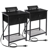 Amhancible Black Nightstands Set Of 2, Small End Tables Living Room With Charging Station, Night Stands With Usb Ports & Outlets, Slim Side Table With Drawers For Bedroom Het03Sdpbk(Black)