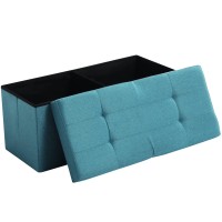 Cuyoca Storage Ottoman Bench Foldable Seat Footrest Shoe Bench End Of Bed Storage With Flipping Lid, 75L Storage Space, 30 Inches Linen Fabric Teal Blue
