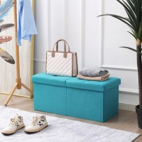 Cuyoca Storage Ottoman Bench Foldable Seat Footrest Shoe Bench End Of Bed Storage With Flipping Lid, 75L Storage Space, 30 Inches Linen Fabric Teal Blue