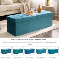 Cuyoca 45.3 Inches Storage Ottoman Bench Foldable Seat Footrest Shoe Bench End Of Bed Storage With Flipping Lid, 166L Storage Upholstered Tufted Bench, Velvet Teal Blue